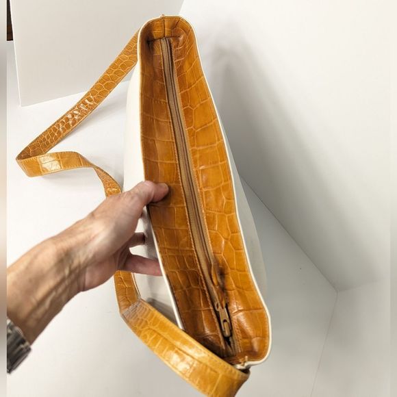 Vintage Cream Leather Shoulder Crossbody Bag Croc Print Trim Susan Gail - Picture 11 of 14